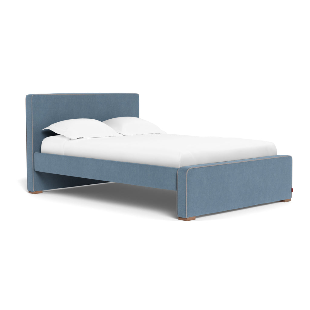 Full Size Dorma Bed in Denim Blue - High Headboard - Low Footboard - Pebble Grey Piping - Walnut Feet